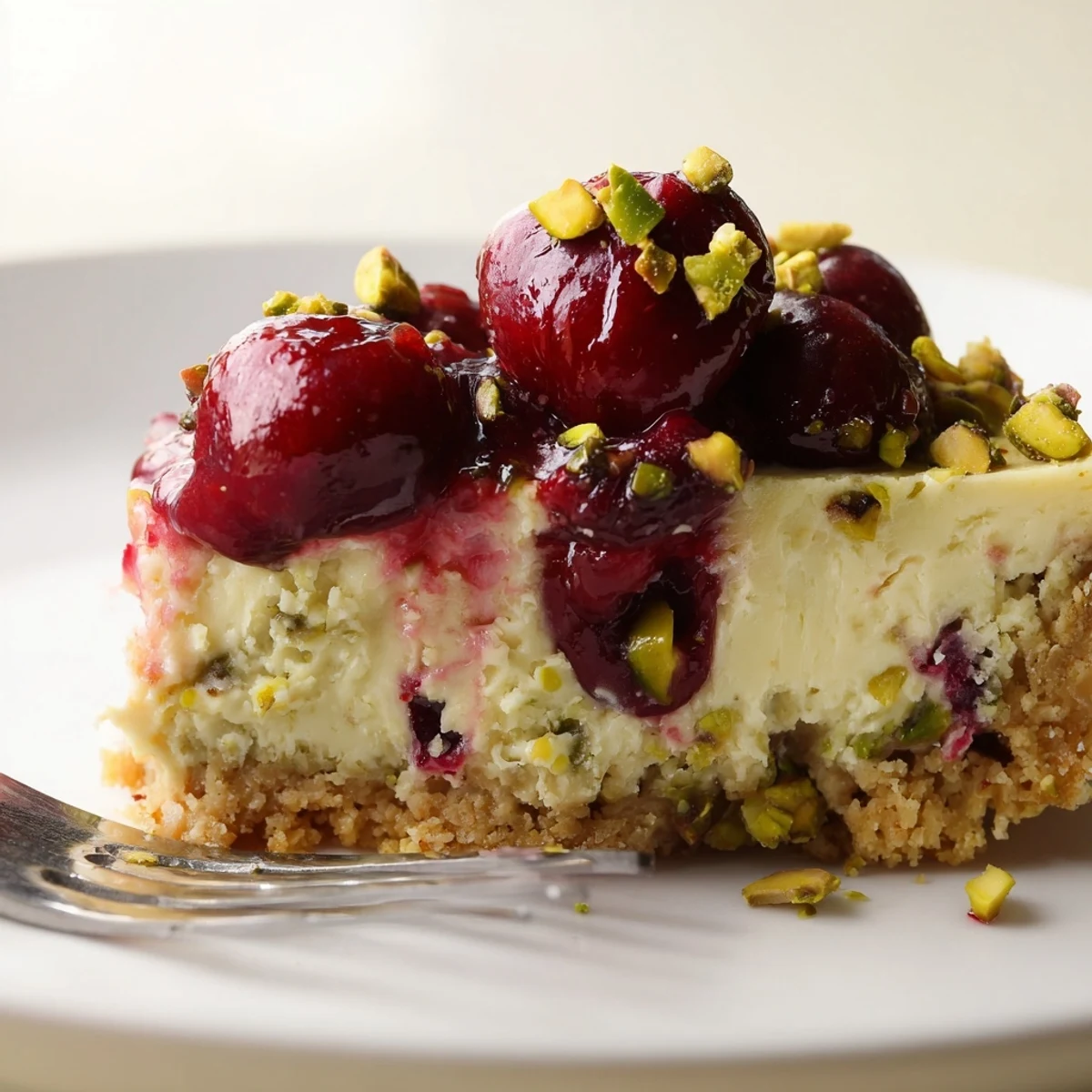 Fork-ready Lemon Lime Cherry Pistachio Cheesecake on plate, crunchy pistachio crust visible