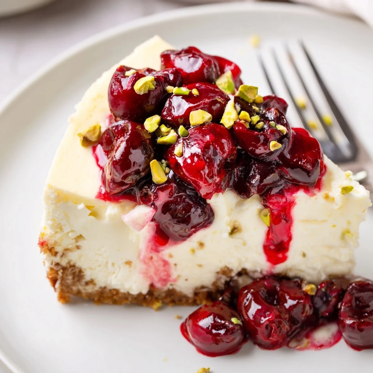 A chilled Lemon Lime Cherry Pistachio Cheesecake slice, creamy, zesty, topped with cherry compote