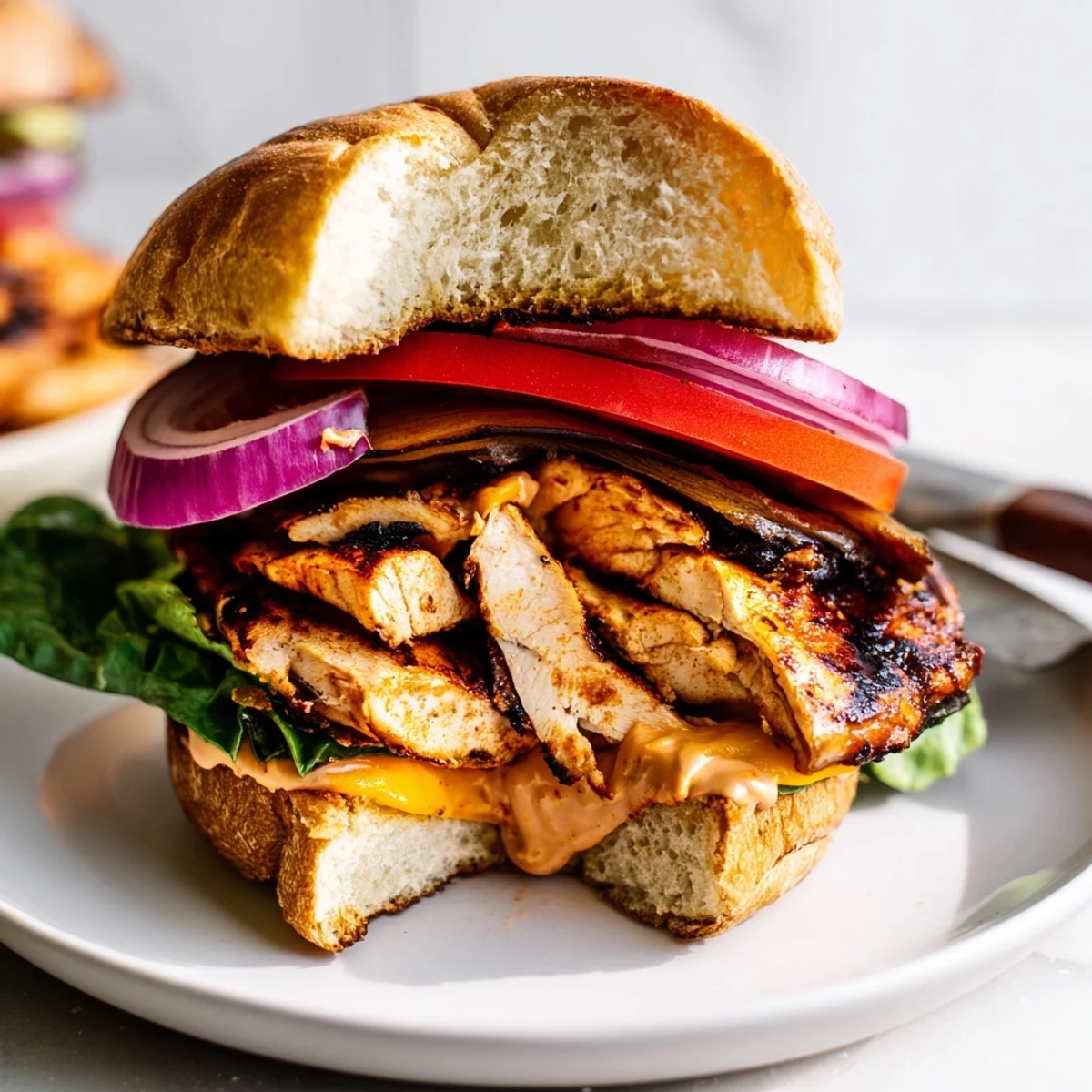 Spicy Chicken Sandwich With Creamy Sauce on toasted bun, sizzling, vibrant toppings.  