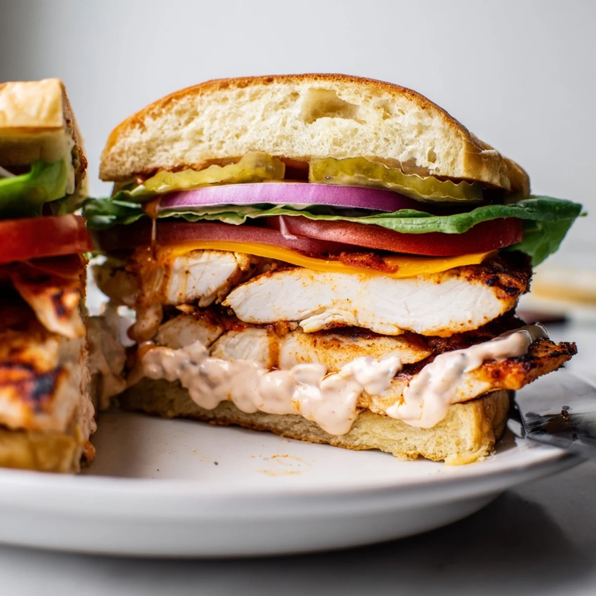 A Spicy Chicken Sandwich With Creamy Sauce drizzled, crisp lettuce, juicy tomato.  