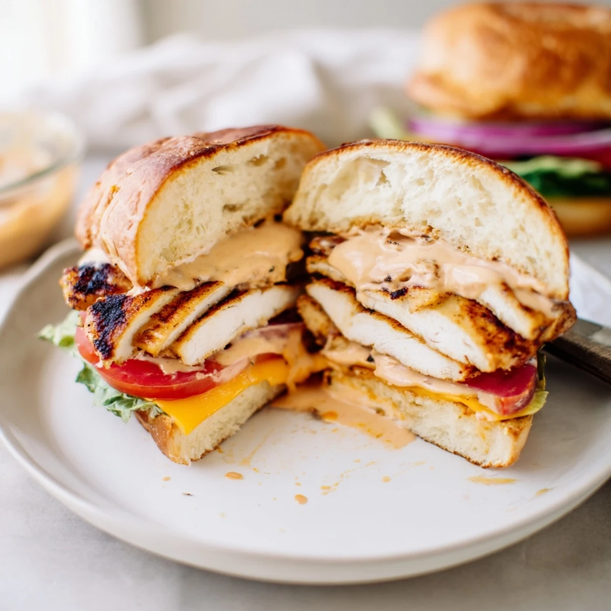 Serve Spicy Chicken Sandwich With Creamy Sauce hot, cheddar-melted, with sweet potato fries.