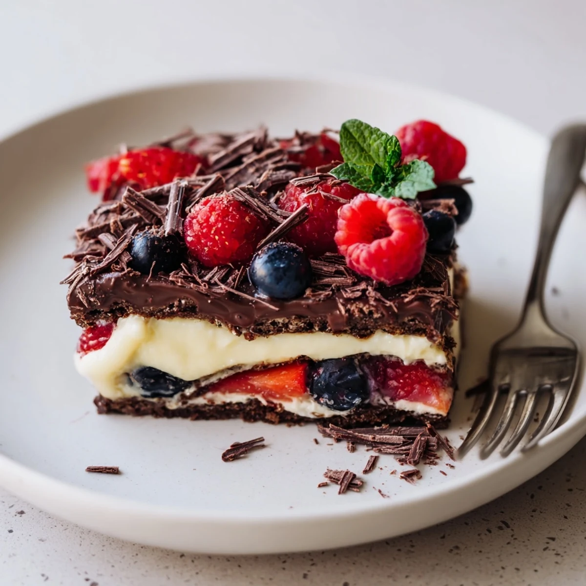 The Ultimate Dessert Recipe layered with glossy chocolate, airy vanilla, and fresh berries