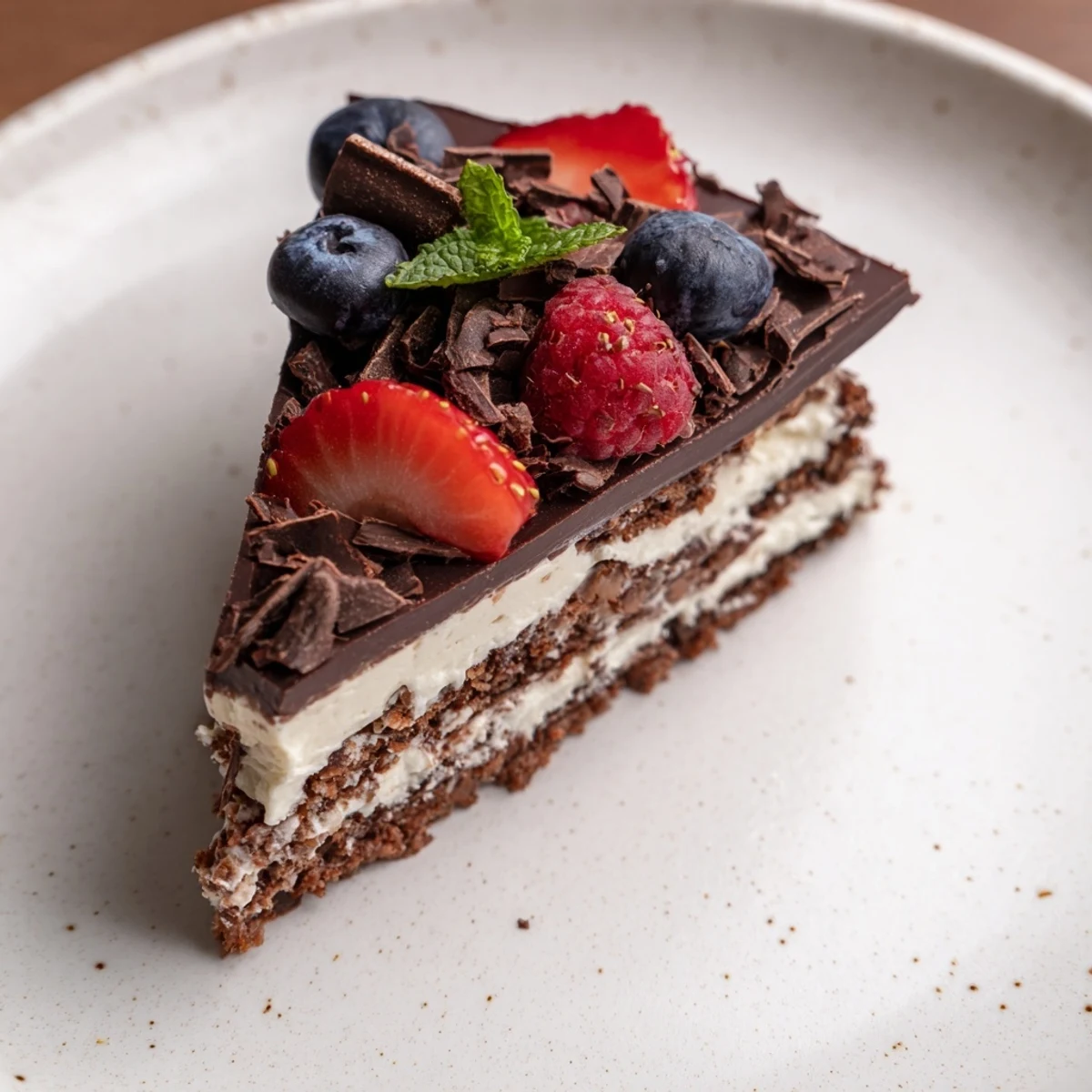 Plated The Ultimate Dessert Recipe garnished with dark chocolate shavings and mint