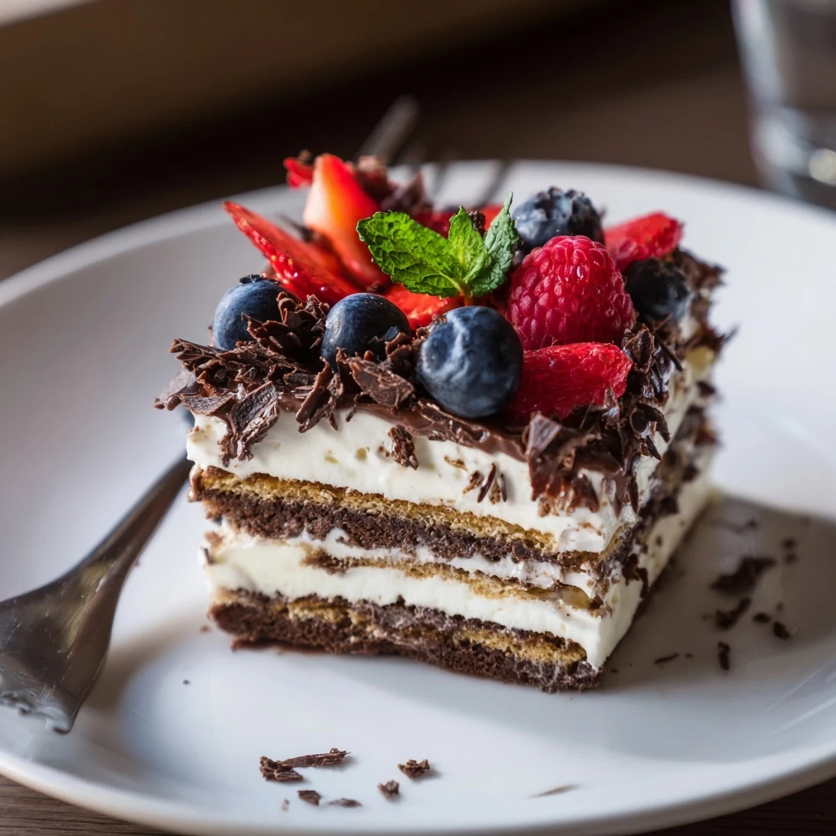 Slice of The Ultimate Dessert Recipe showing creamy mascarpone, crunchy biscuit base