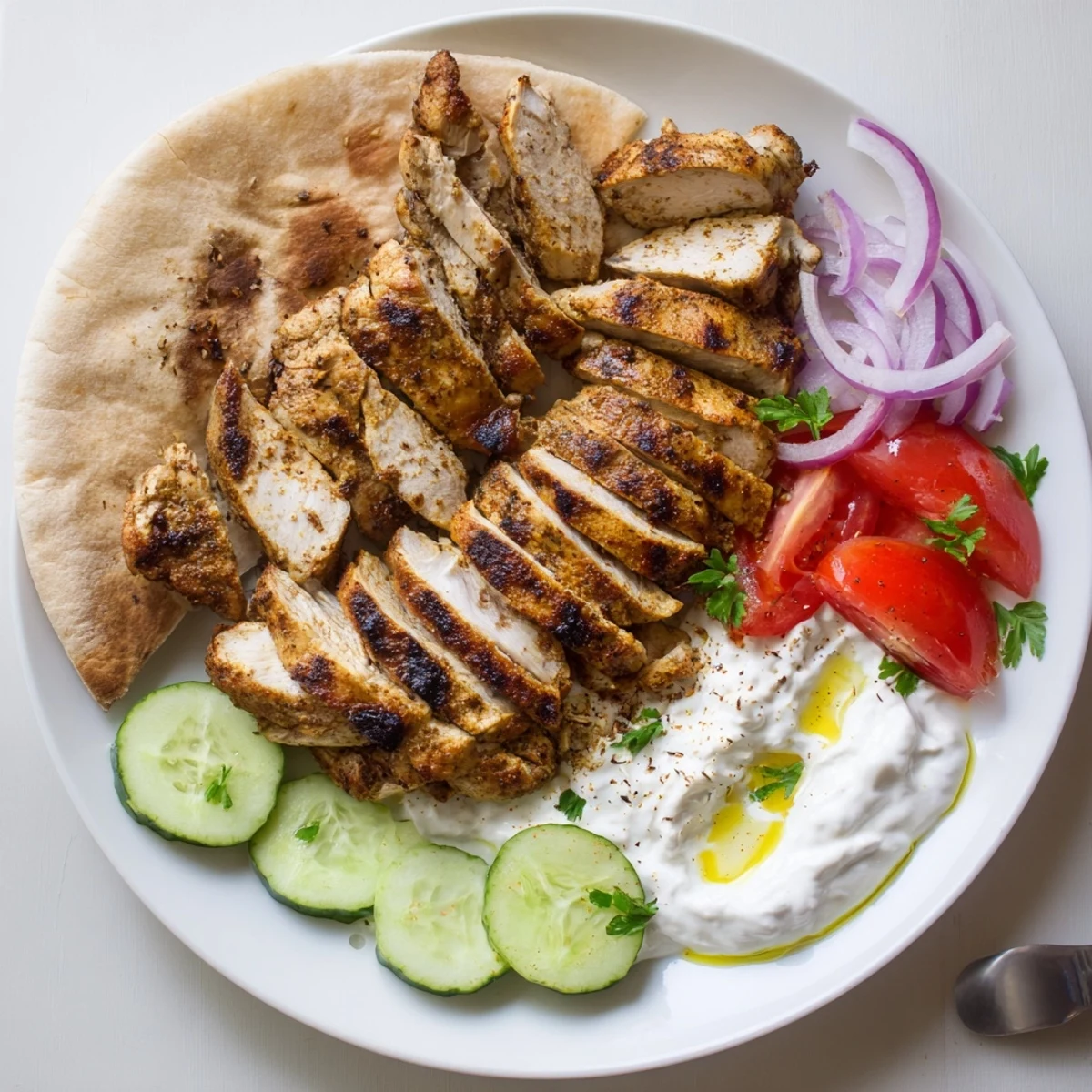 Warm Shawarma Chicken With Garlic Sauce tucked inside pita with fresh herbs