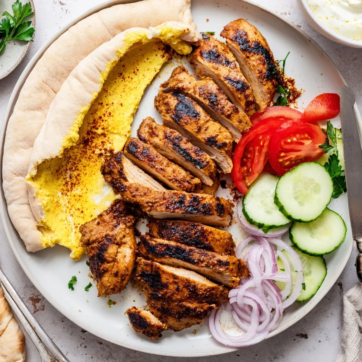 Shawarma Chicken With Garlic Sauce sizzling on a grill, charred edges, fragrant