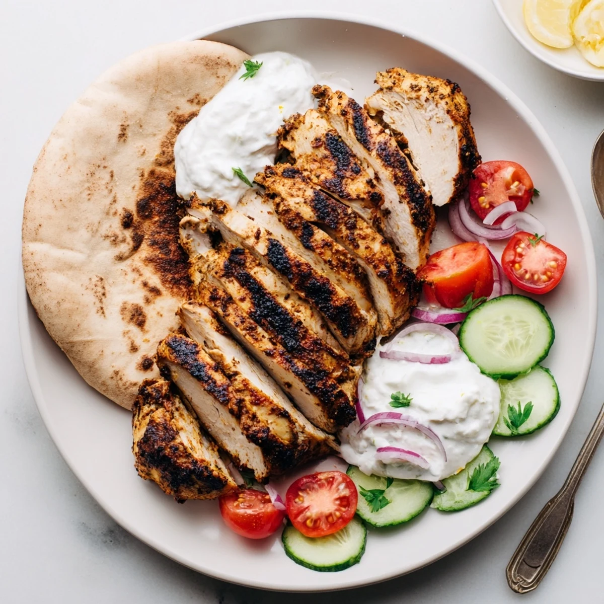 Slices of Shawarma Chicken With Garlic Sauce glistening, creamy toum and crisp veggies
