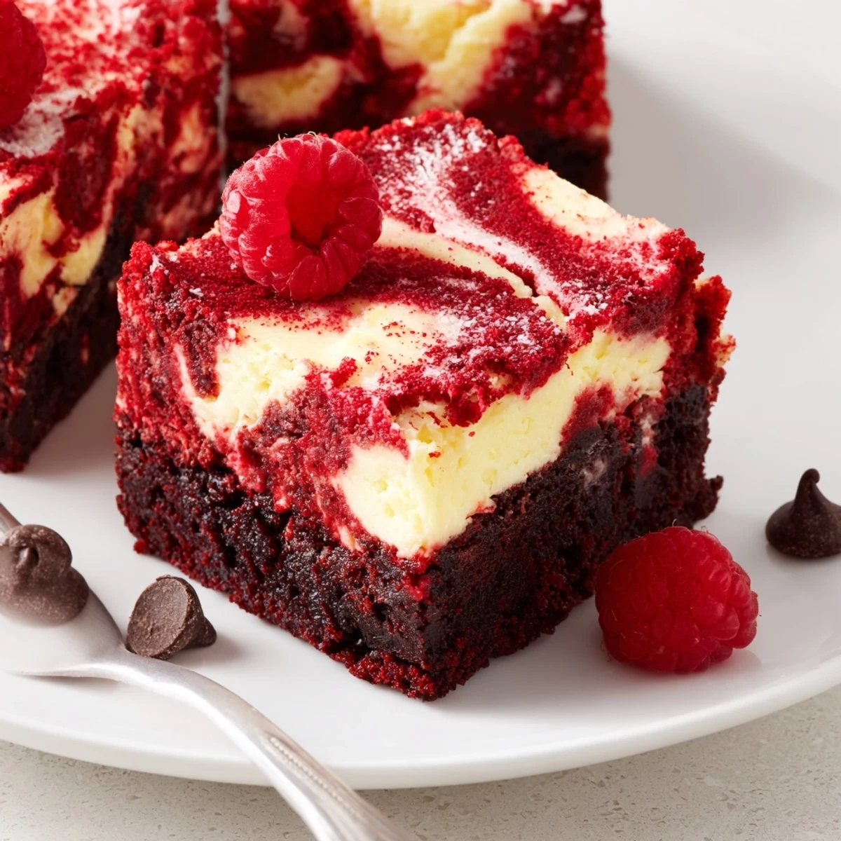 Rich Red Velvet Brownies With Cheesecake Layer chilled, creamy marbled slice on plate.