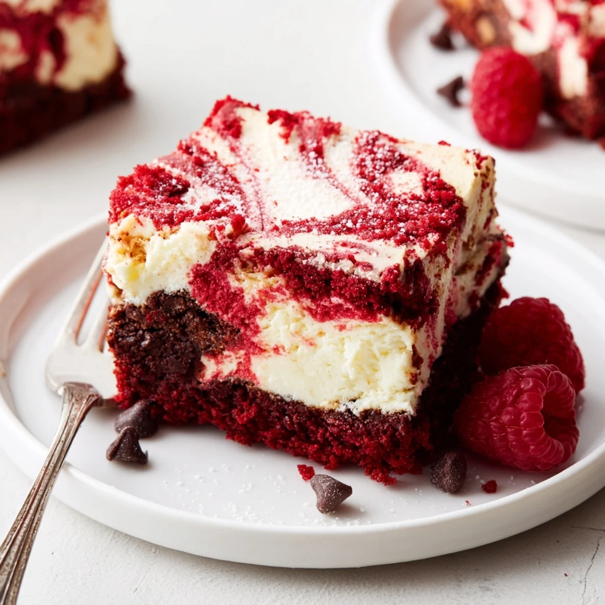 Single square of Red Velvet Brownies With Cheesecake Layer showing red swirl, fork.