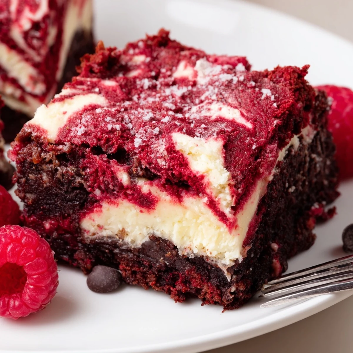 Chewy Red Velvet Brownies With Cheesecake Layer topped with powdered sugar and berries.