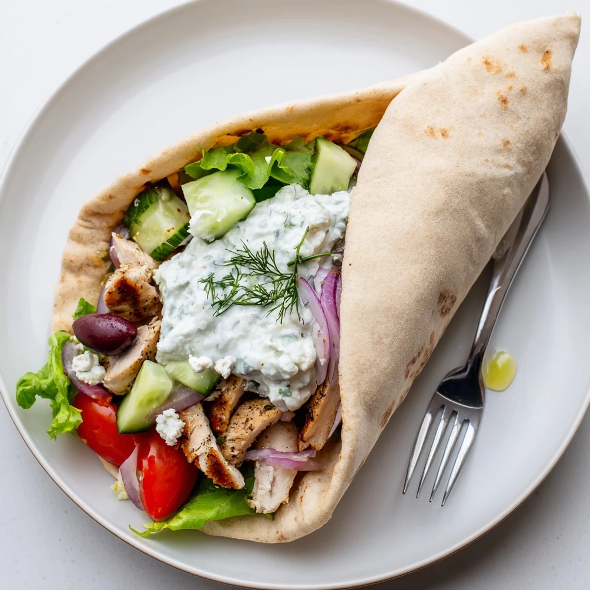 Mediterranean Chicken Pita Wraps overflowing with grilled chicken, crisp veggies, tangy yogurt sauce