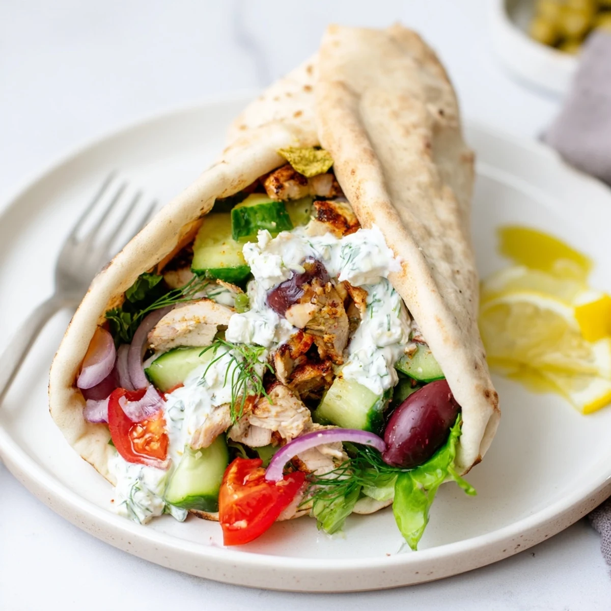 Warm Mediterranean Chicken Pita Wraps stacked on plate, feta crumbles, lemony aroma