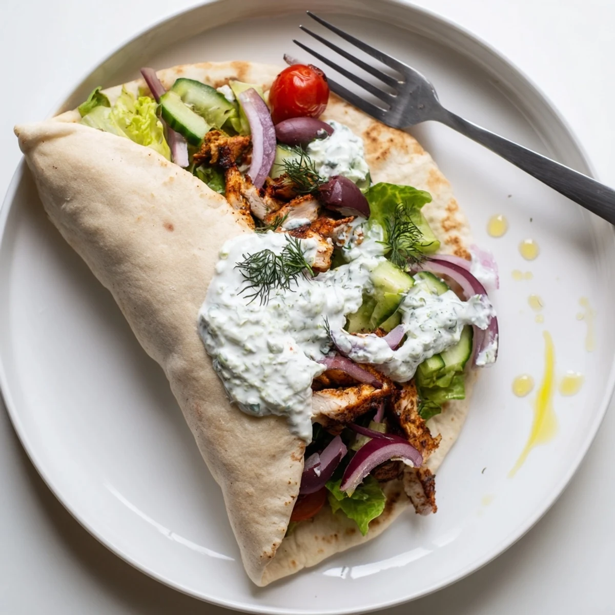 Family-style Mediterranean Chicken Pita Wraps served immediately with extra yogurt sauce, greens