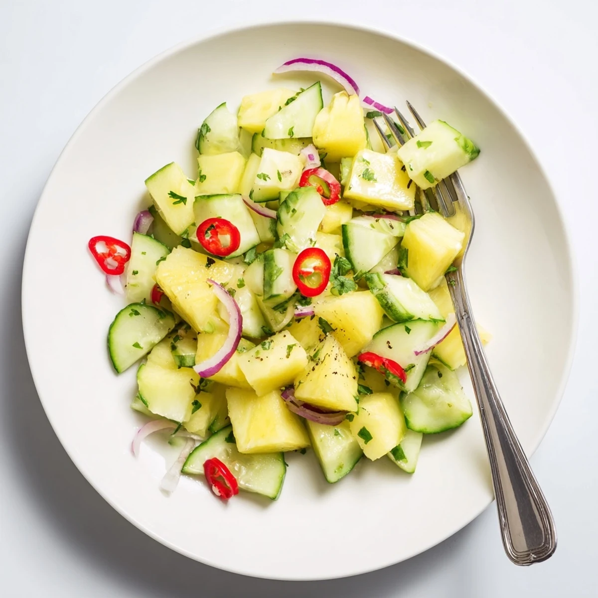 Chilled Pineapple Cucumber Salad tossed with crisp cucumber, juicy pineapple, spicy chili