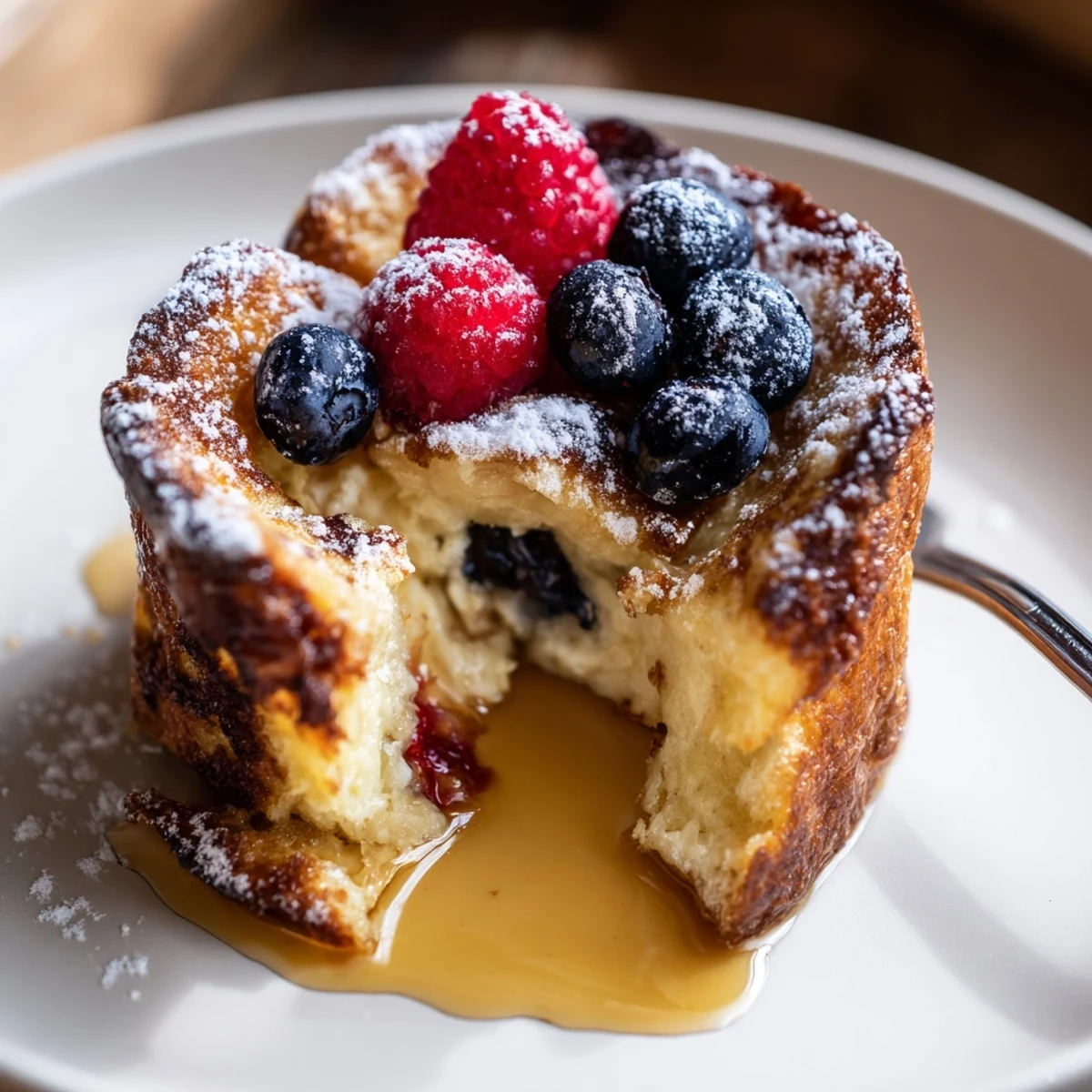 Baked French Toast Cups with golden edges, fluffy centers, warm maple drizzle.