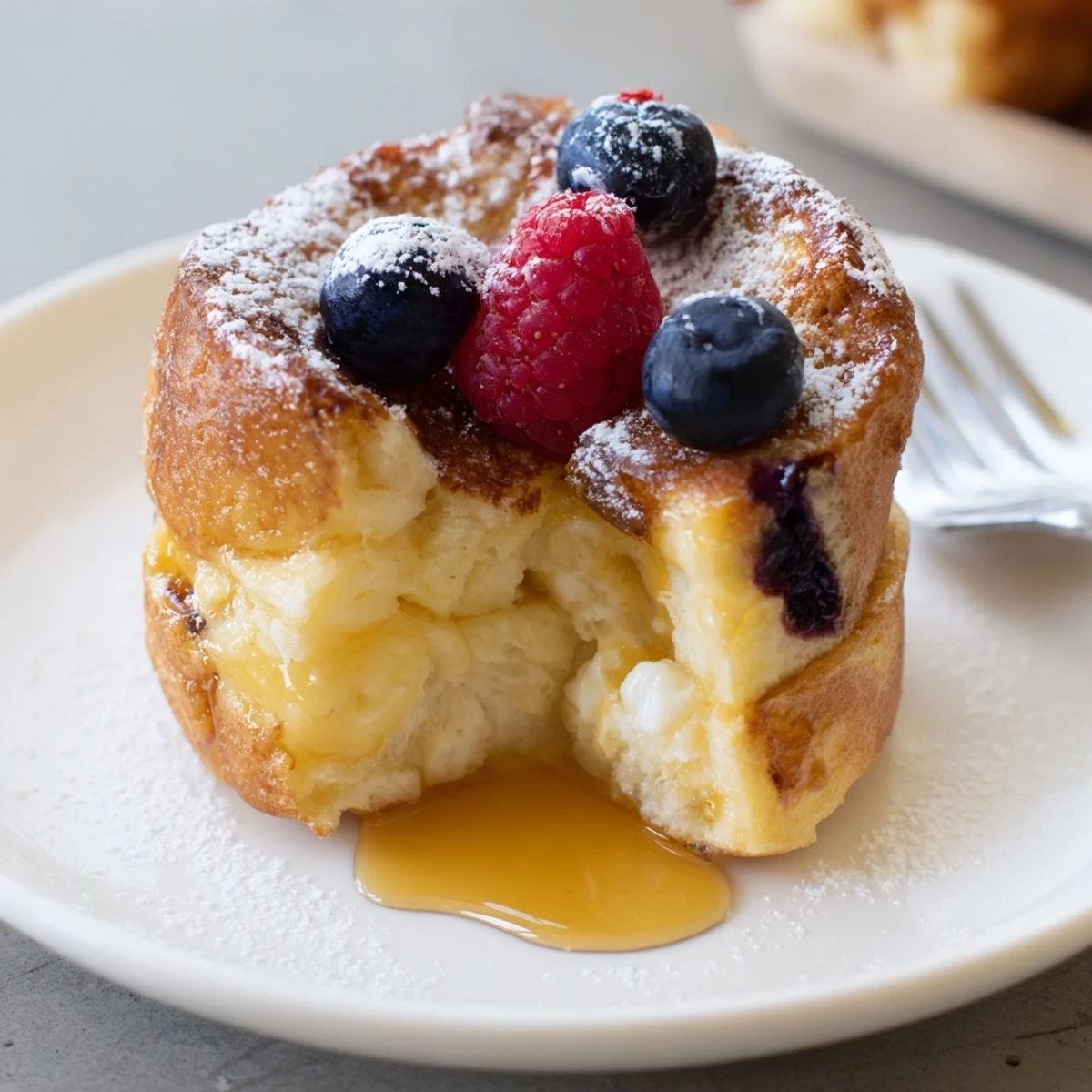Warm breakfast plate showing berries and powdered sugar on Baked French Toast Cups.