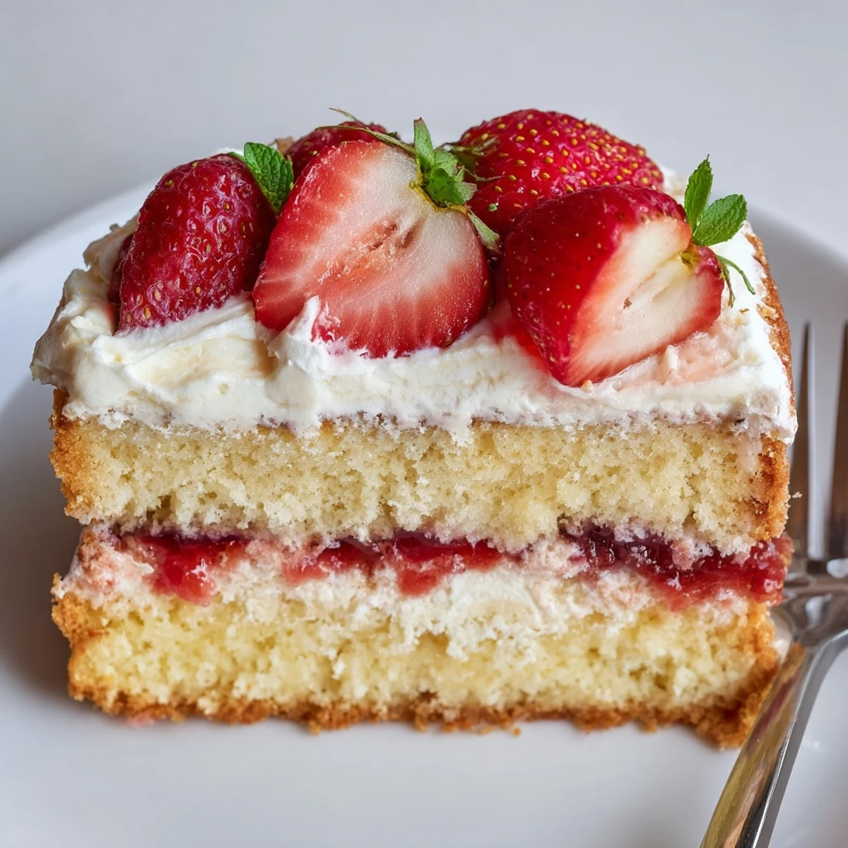 Slice of Strawberries And Cream Sponge Cake on plate, airy crumb and glossy strawberries