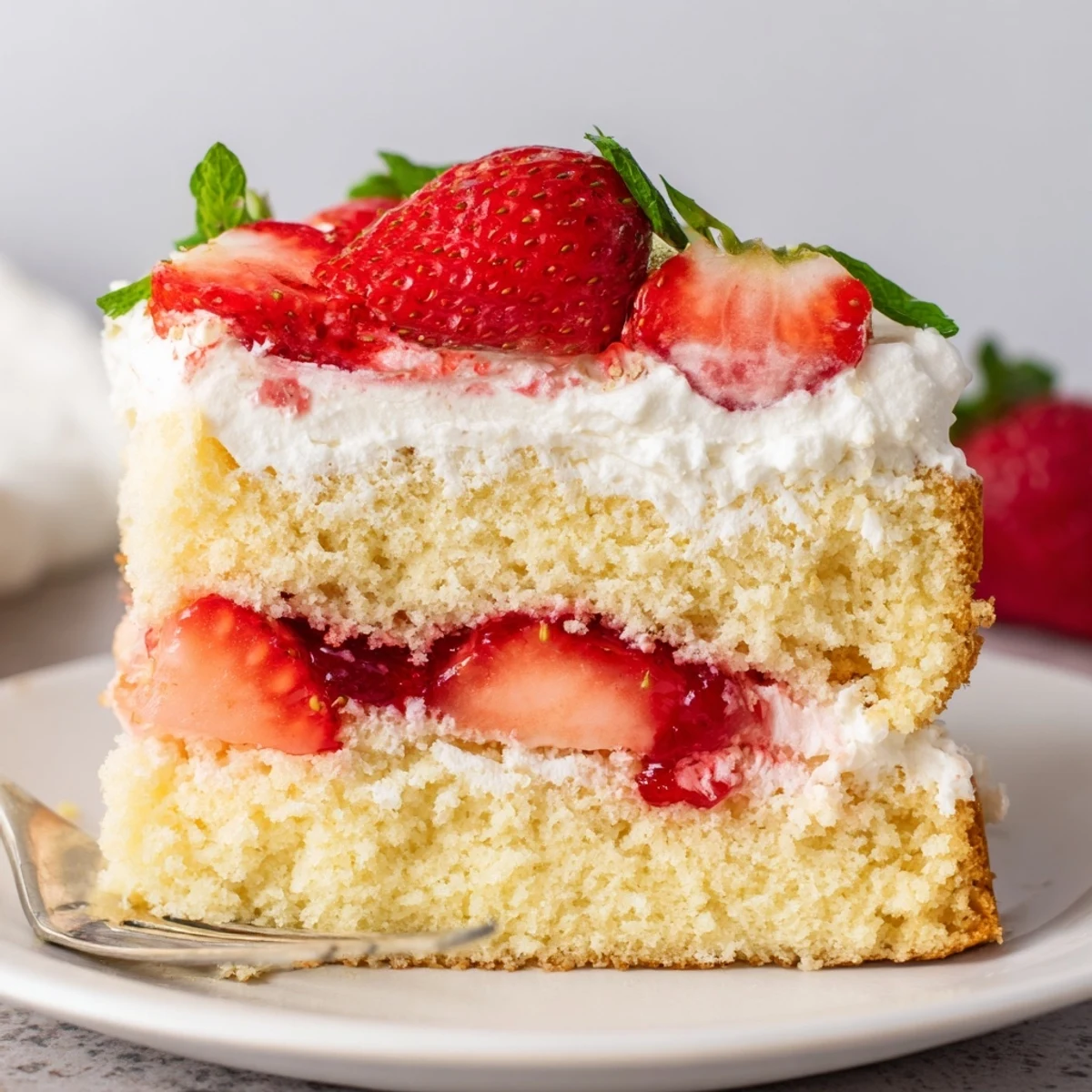 Cross-section of Strawberries And Cream Sponge Cake showing layers, juicy strawberries and cream