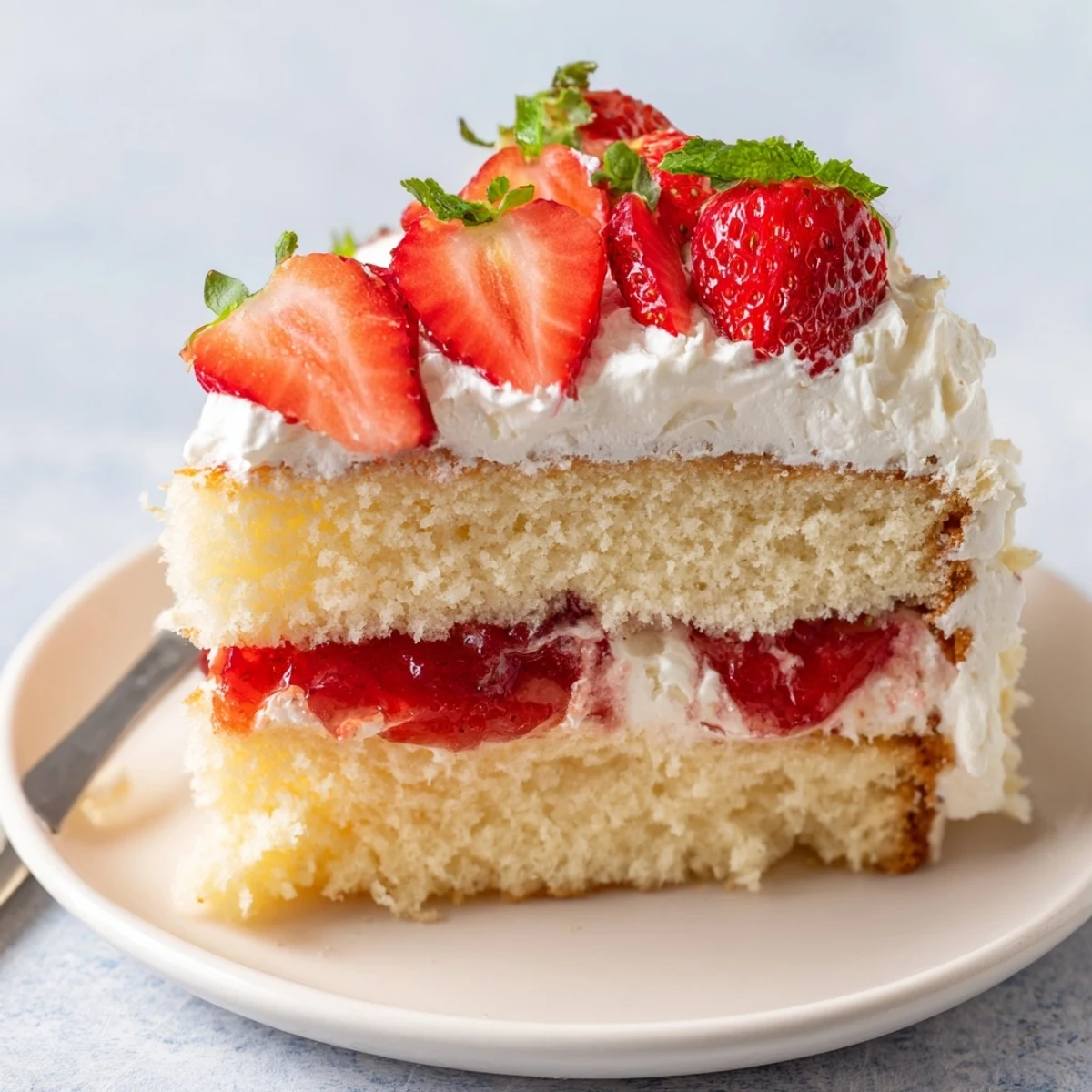 Chilled Strawberries And Cream Sponge Cake topped with whipped cream, mint garnish