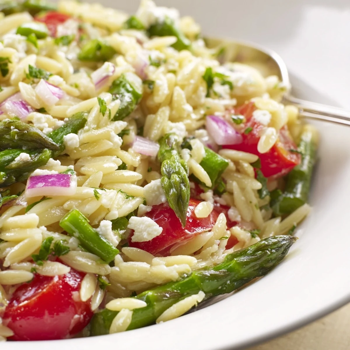 Bowl of Asparagus Orzo Salad With Lemon Vinaigrette, tender orzo and citrusy dressing.