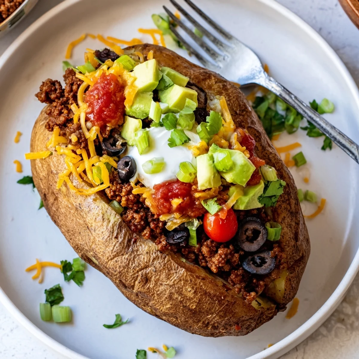 Taco Loaded Baked Potatoes with zesty beef, melted cheese, avocado, and salsa.