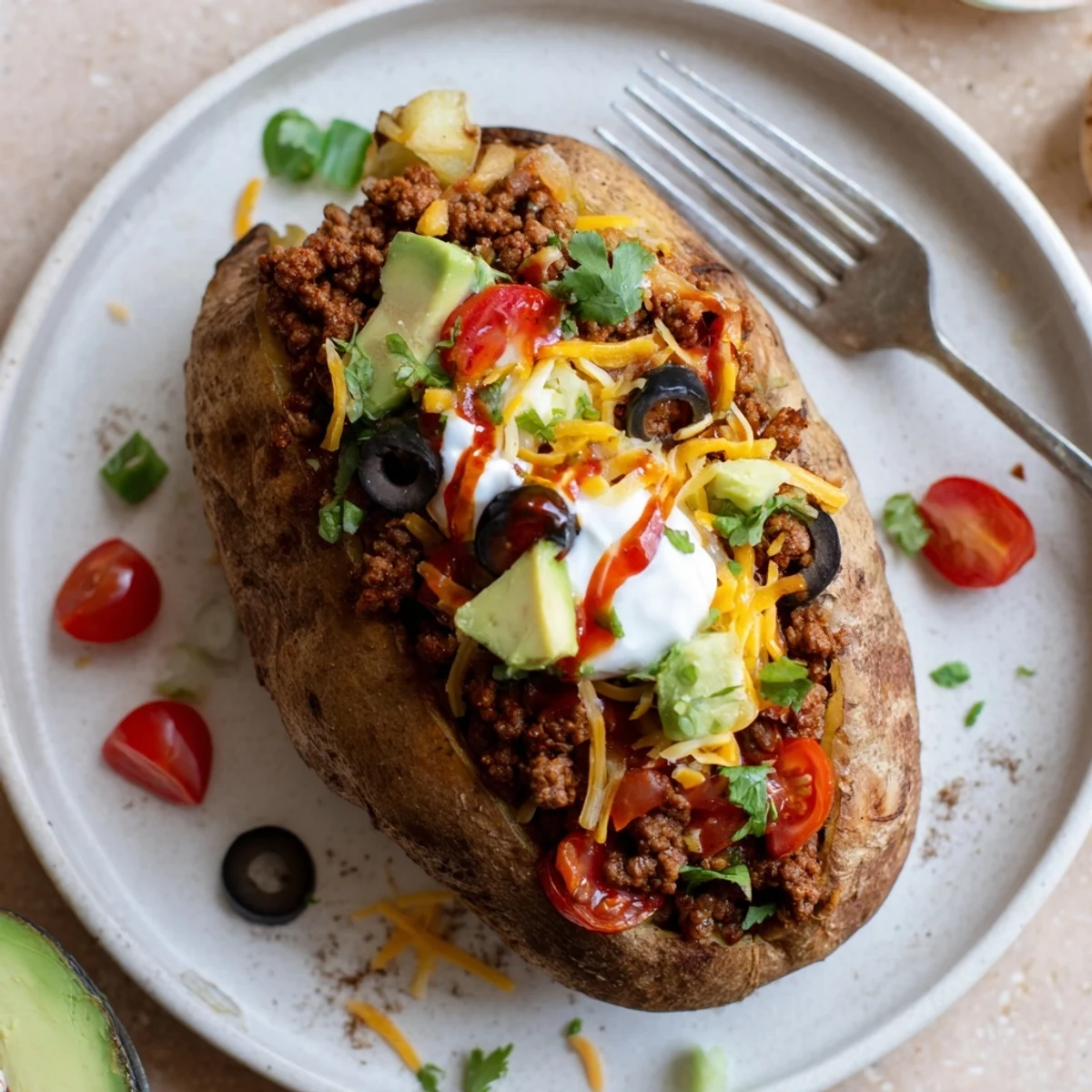 Fresh-from-the-oven Taco Loaded Baked Potatoes topped with creamy sour cream and cilantro.