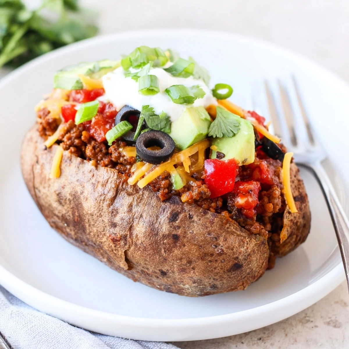 Family-style Taco Loaded Baked Potatoes split open to reveal fluffy insides, spicy meat.