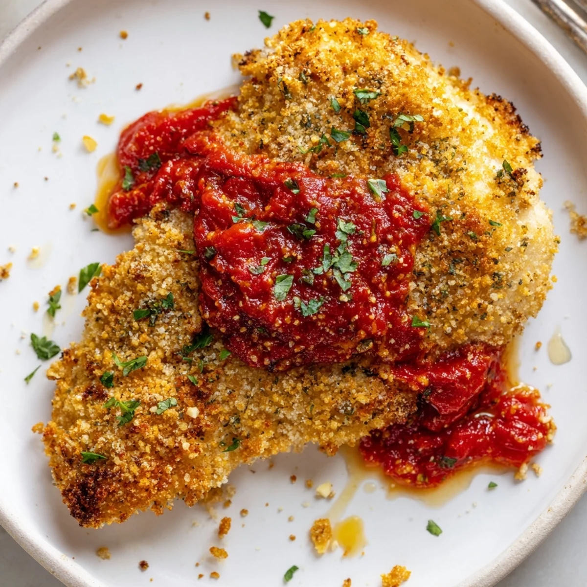 Golden-browned Parmesan Roasted Red Pepper Chicken served over pasta and parsley  