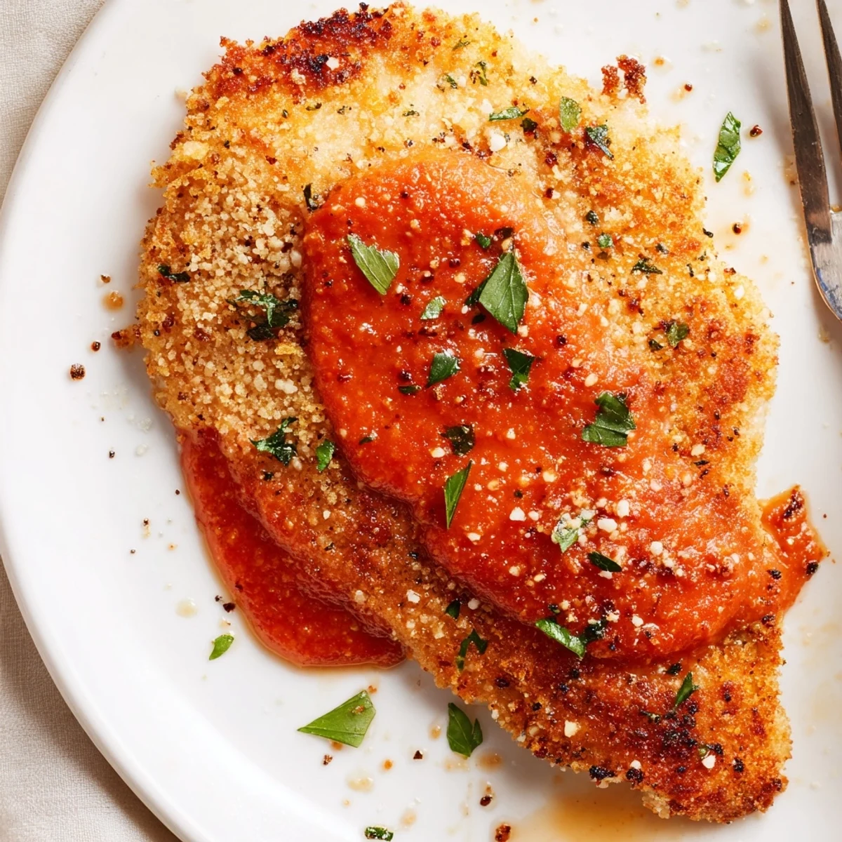Crispy Parmesan Roasted Red Pepper Chicken sliced on a warm serving platter