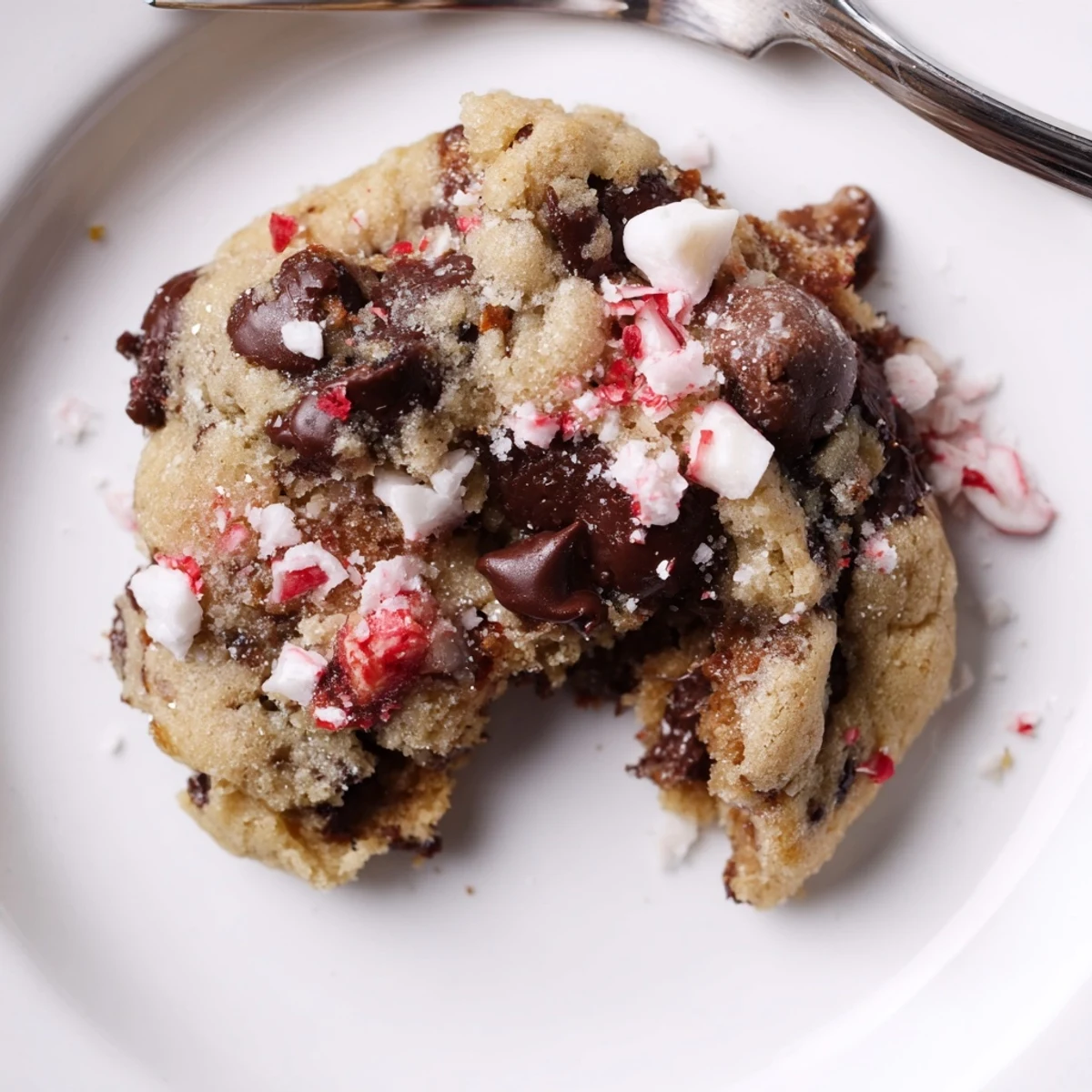 Stacked Peppermint Chocolate Chip Cookies beside a mug of milk, peppermint garnish visible