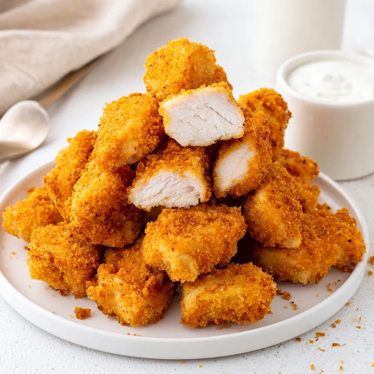 Crispy golden Chicken Bites piled on a plate with ranch for dipping.