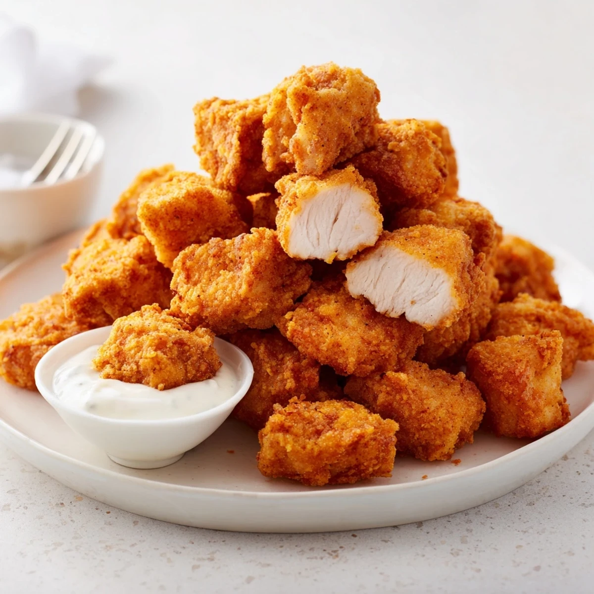 Juicy buttermilk marinated Chicken Bites steaming beside honey mustard sauce.