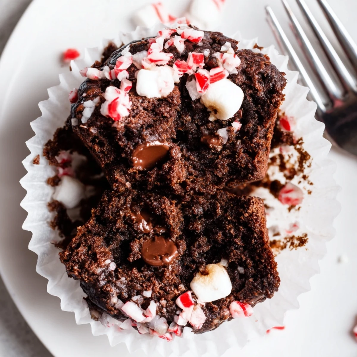 A plate of Peppermint Hot Chocolate Muffins cooling, marshmallow melting, minty aroma