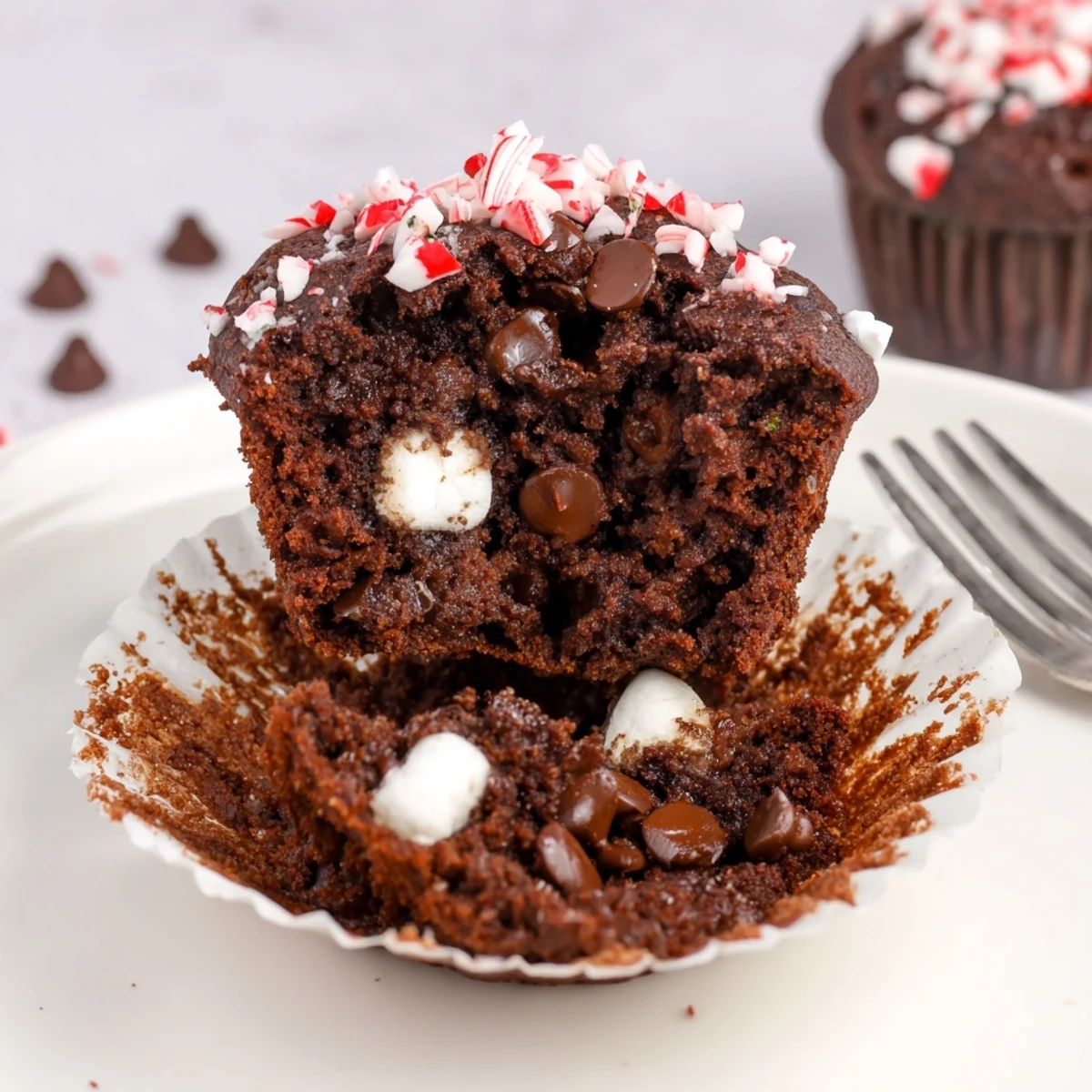 Peppermint Hot Chocolate Muffins with moist chocolate crumb and glistening chocolate chips