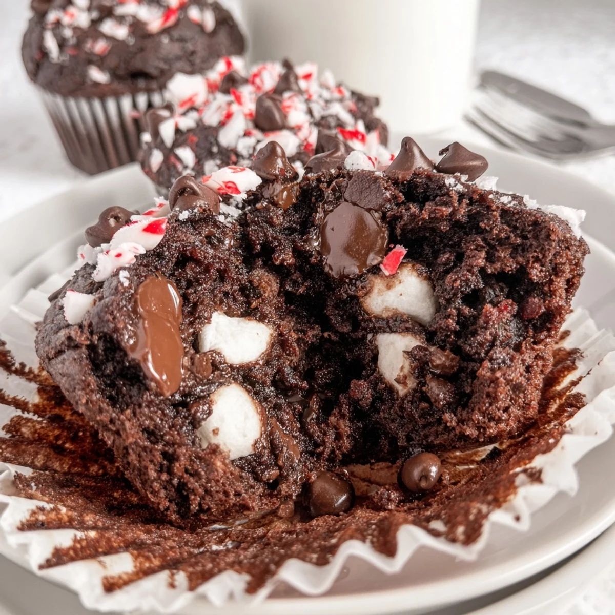 Peppermint Hot Chocolate Muffins served warm with whipped cream swirl and holiday sparkle