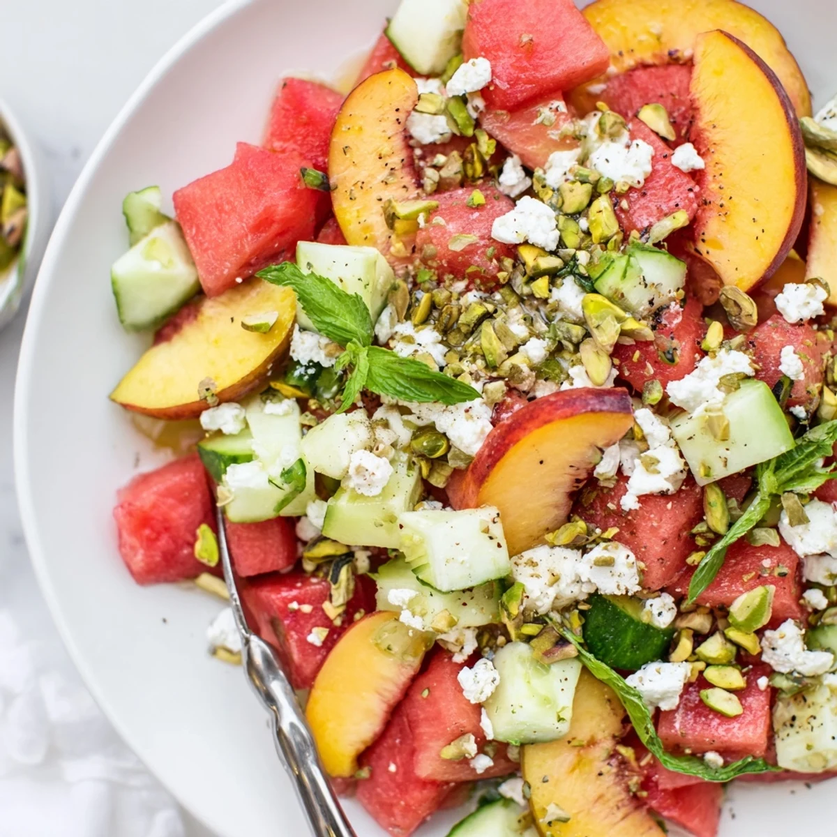 Summer Peach Watermelon Salad with torn mint, crumbled feta, honey-lime glaze  