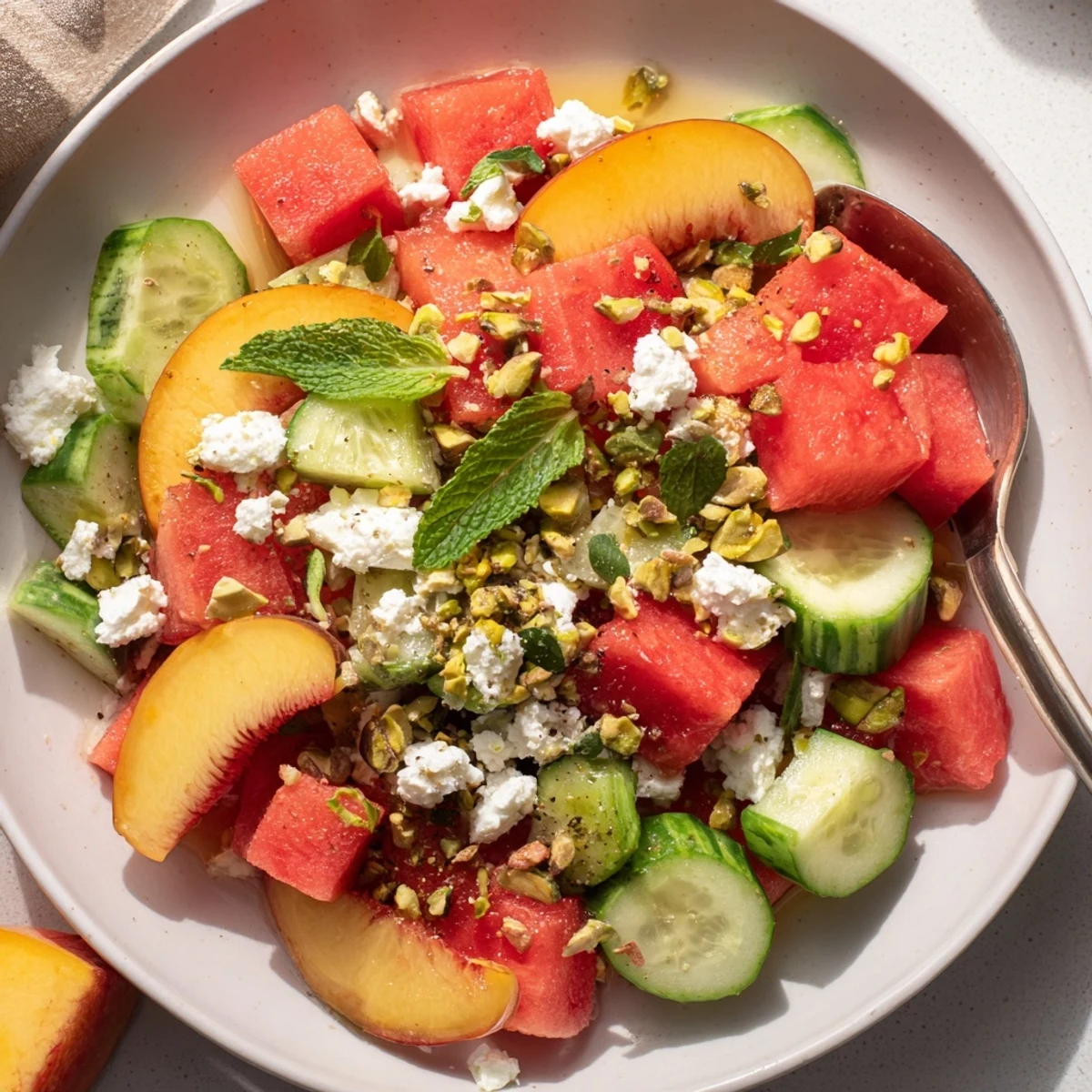 Bright bowls of Summer Peach Watermelon Salad chilled for backyard summer picnics  