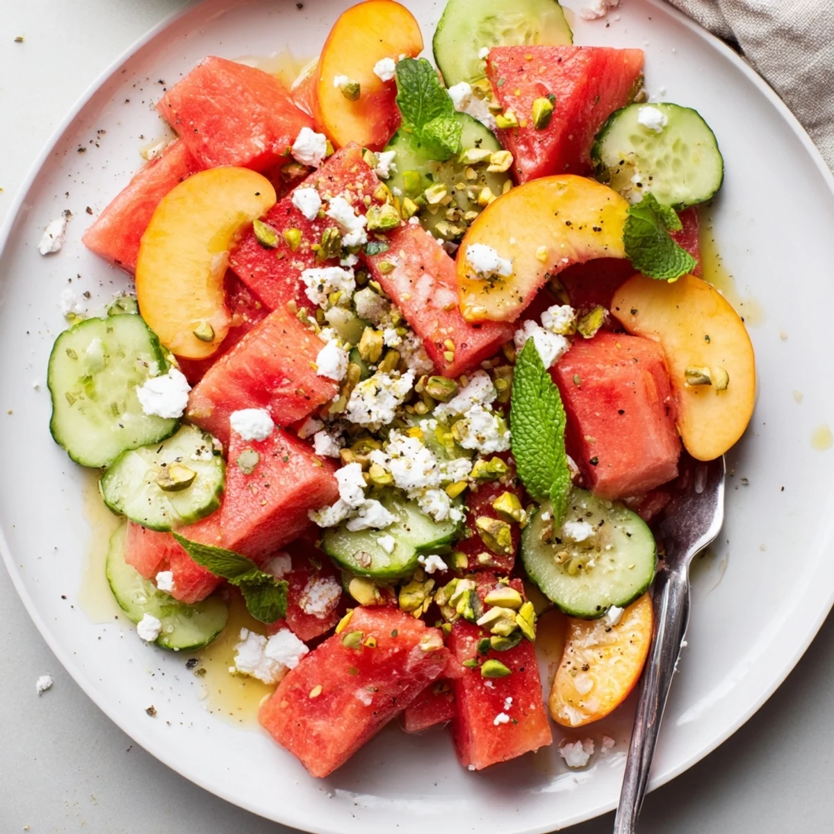 Zesty Summer Peach Watermelon Salad topped with toasted pistachios, fresh basil