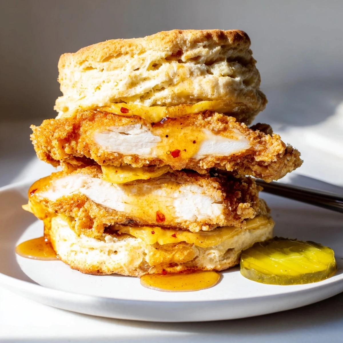Hot Honey Chicken Biscuits with crispy fried chicken and sticky honey drizzle