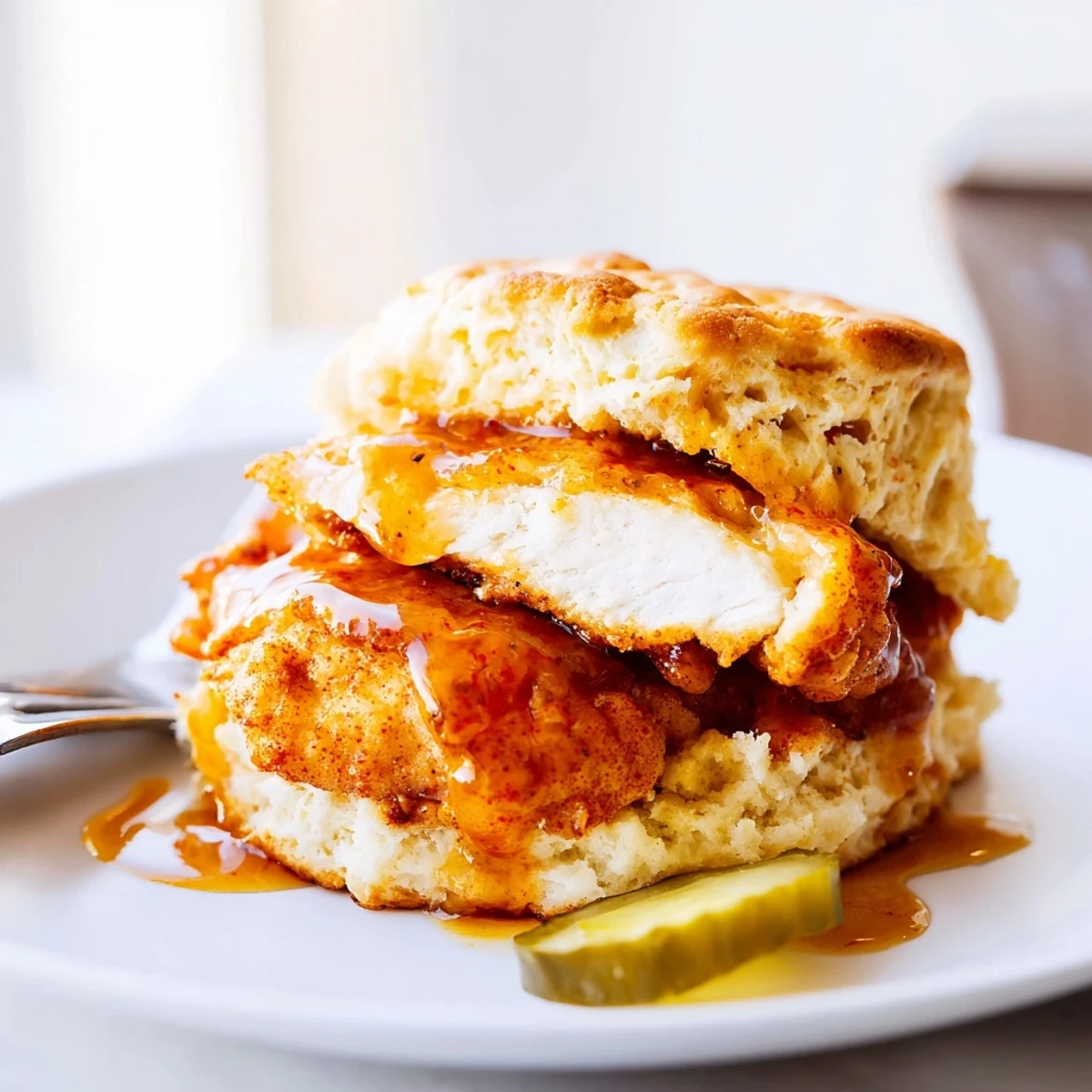 Plate of Hot Honey Chicken Biscuits topped with pickles and melted butter