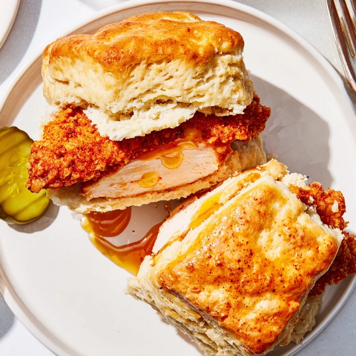 Warm Hot Honey Chicken Biscuits split open to reveal flaky buttermilk biscuit