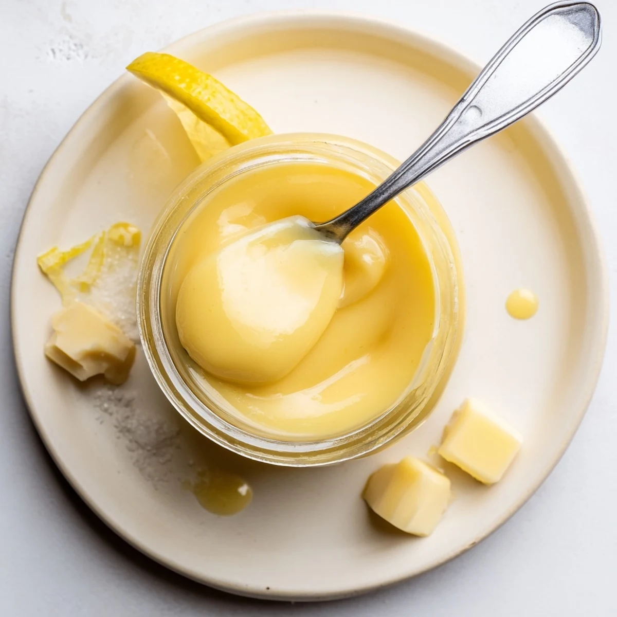 Glass jar of glossy spread from my Lemon Curd Recipe, spoon rests