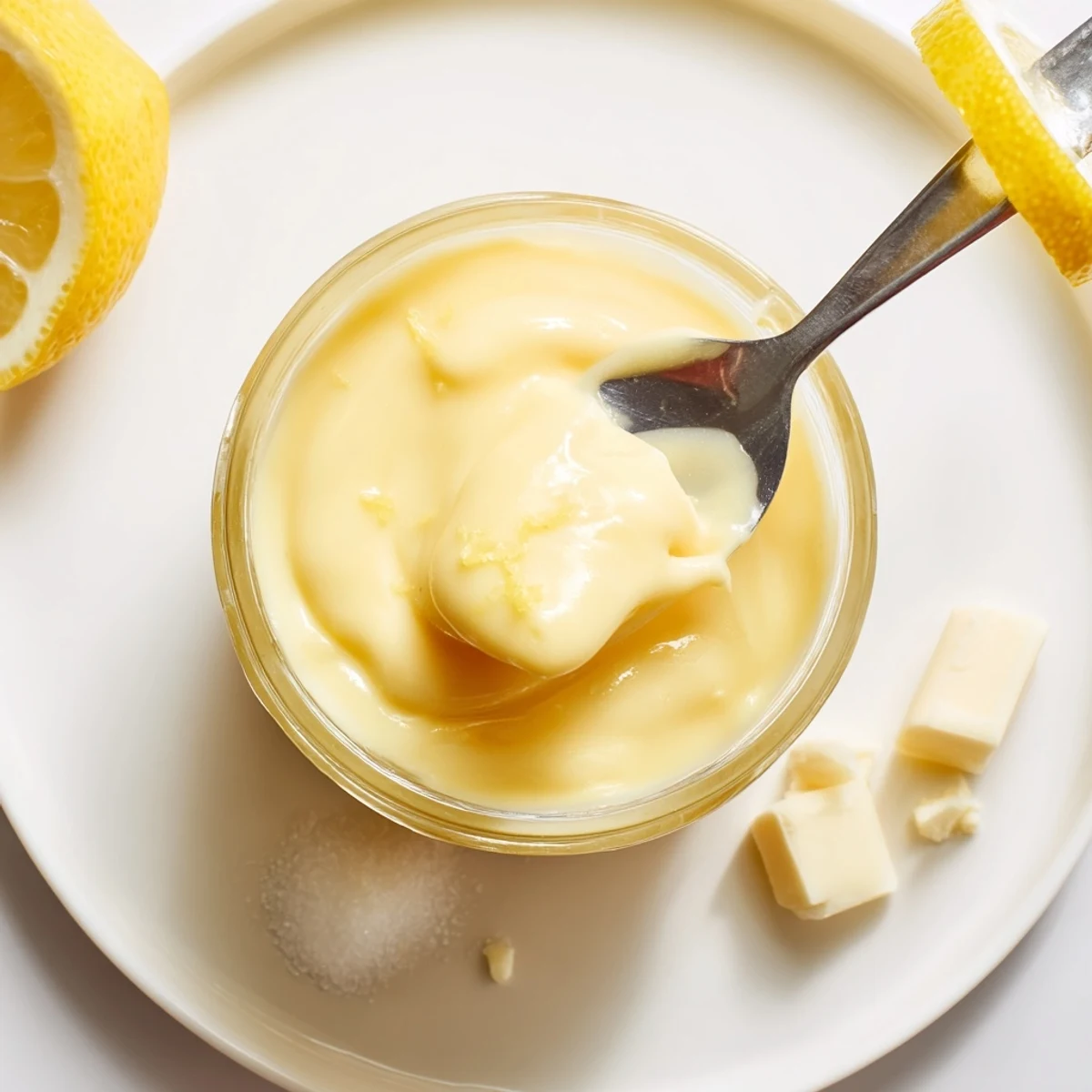Cooling Lemon Curd Recipe in sterilized jar beside whisk and lemons