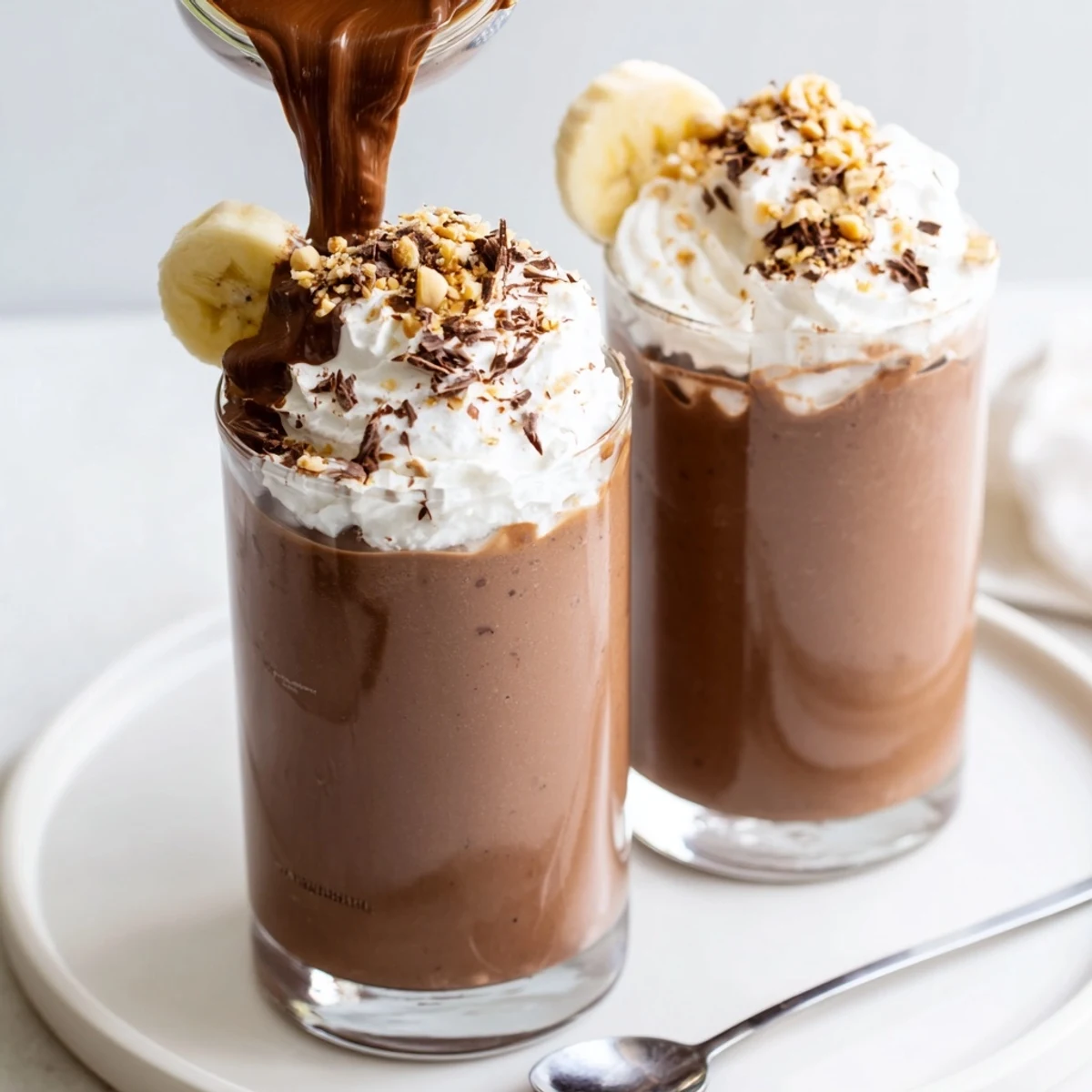 Creamy Chocolate Peanut Butter Smoothie in tall glass with whipped cream swirl