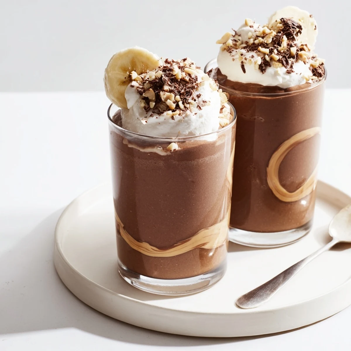 Thick Chocolate Peanut Butter Smoothie topped with chocolate shavings and crushed peanuts
