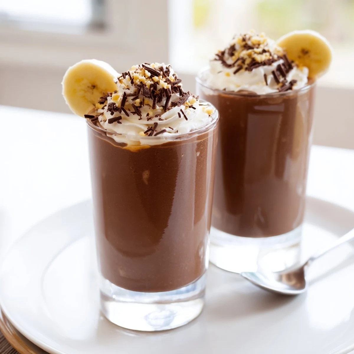 Icy, frothy Chocolate Peanut Butter Smoothie poured into two glasses for breakfast