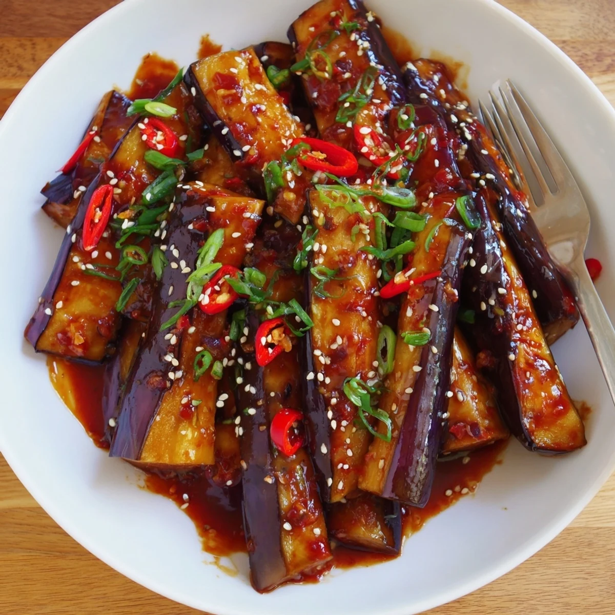 Sichuan Style Braised Aubergines glistening in spicy red sauce over steamed rice