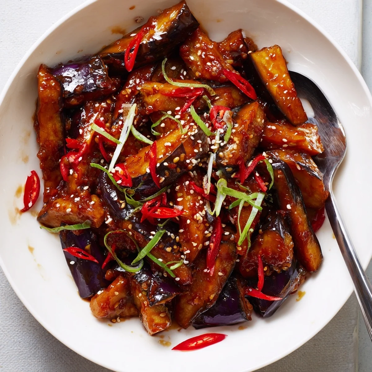 Warm Sichuan Style Braised Aubergines tossed with scallions and fragrant garlic