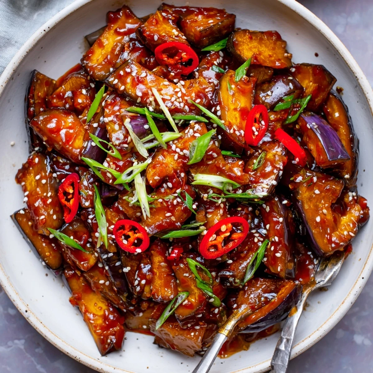 Serve Sichuan Style Braised Aubergines hot, silky eggplant batons in spicy sauce