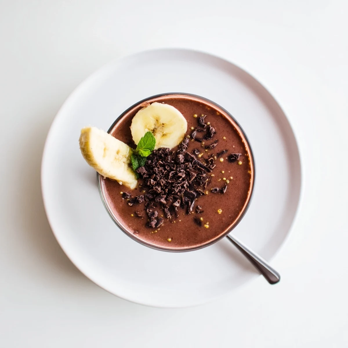 Chocolate Beet Smoothie in a tall glass, velvety earthy chocolate flavor, garnished with mint